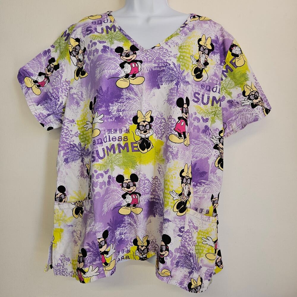 Disney Mickey and Minnie‎ Mouse Lavender Scrub Top Size 2XL Two Pockets Women's